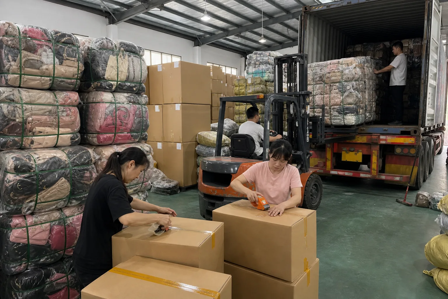 Used bag bales packing and container loading support